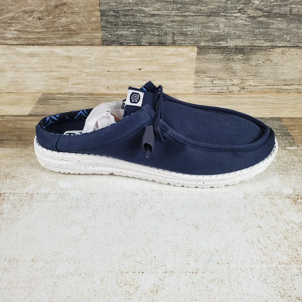 Hey Dude Wally Slip Stretch Canvas Mens Loafer Shoes Sz 9 Navy Slip On Round Toe